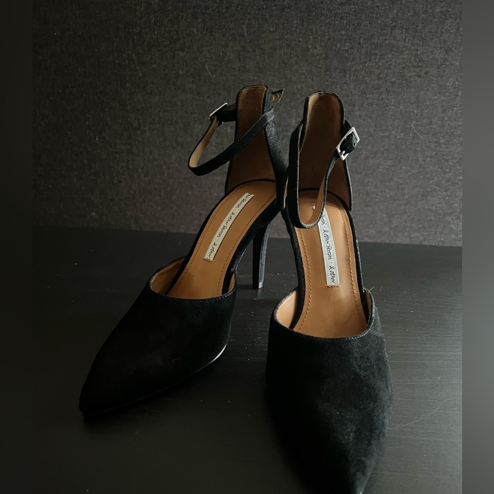 Black Suede Pointed-Toe Ankle-Strap Heels NWOB